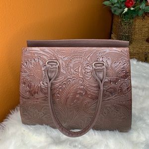 Brown tote tooled leather handbag